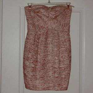 Red, pink, and gold strapless dress